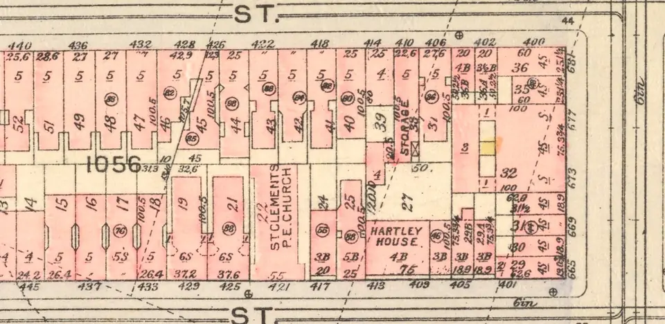 A 1925 street atlas of the block between West 46th and 47th Streets, with lot 22 labeled St. Clement’s P.E. Church